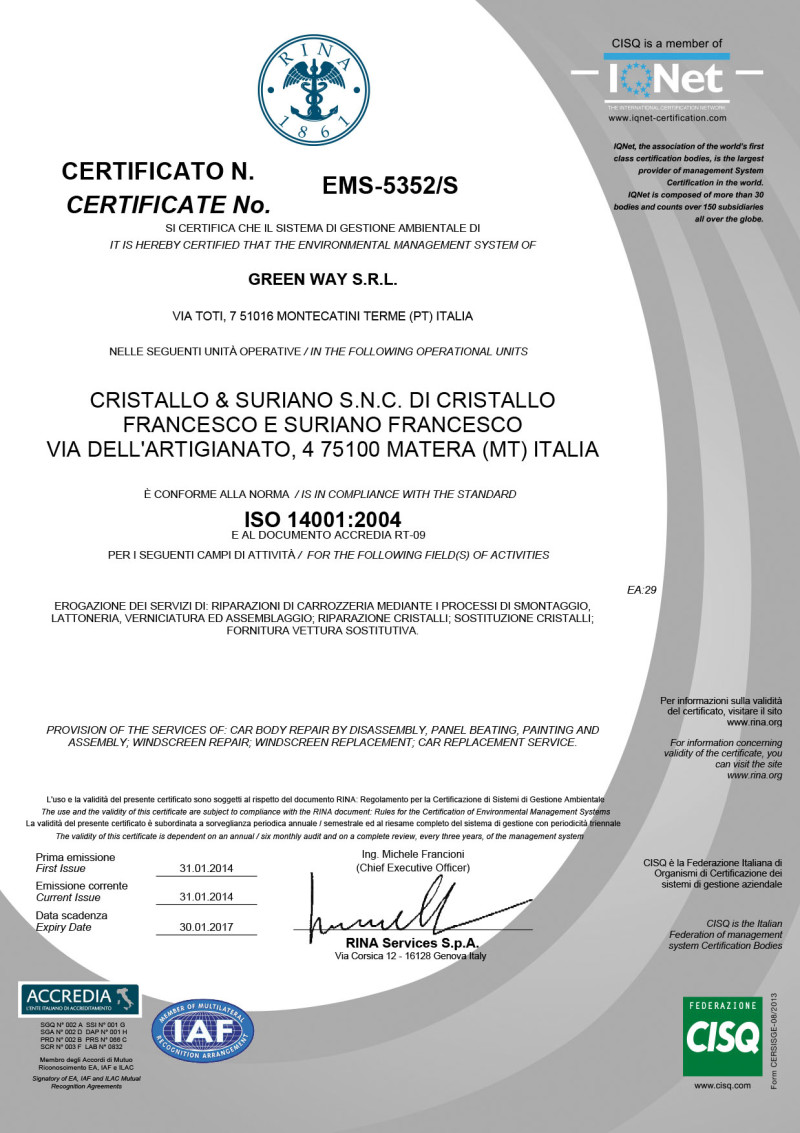 Certificato cristallo Iso 14001