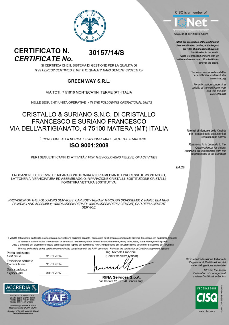 certificato cristallo 9001